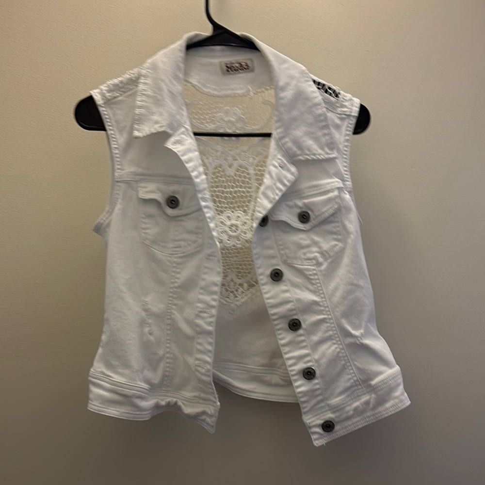 Juniors White Crochet Denim Vest